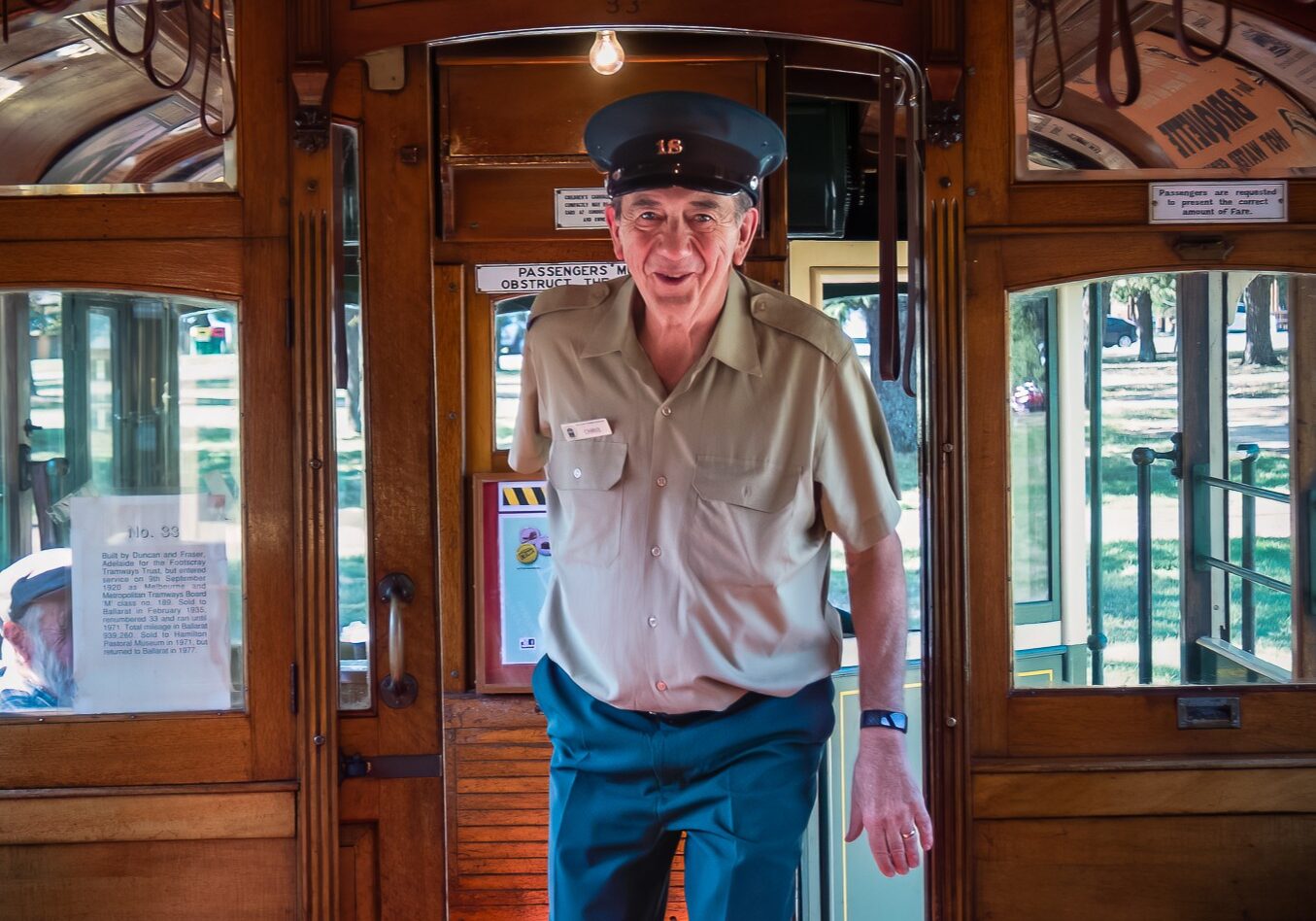 Photo shows a BTM crew member inside tram