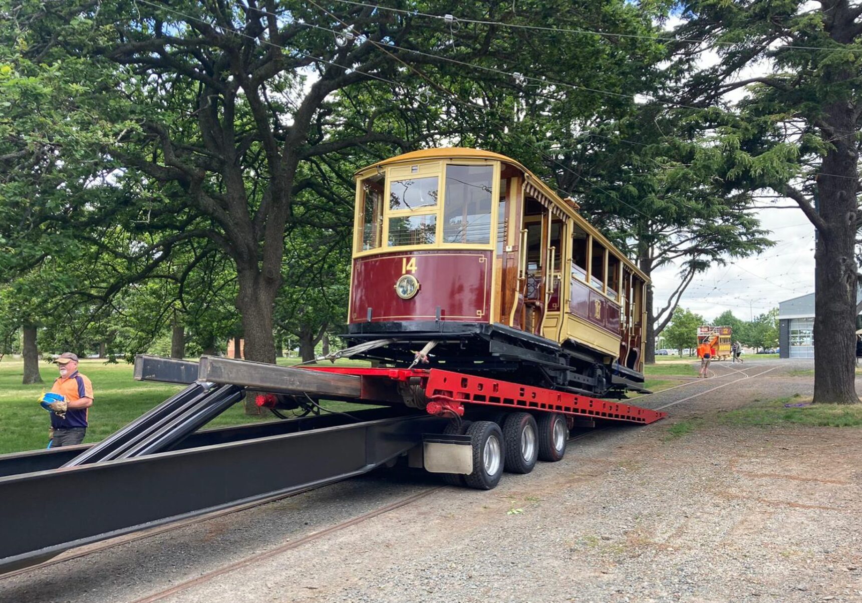 Tram 14 arrives at the Museum by truck in December 2022
